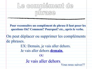Le complément de  phrase On peut déplacer ou supprimer les compléments  de phrases.  EX : Demain, je vais aller dehors.  Je vais aller dehors   demain .   Pour reconnaître un complément de phrase il faut poser les  questions Où? Comment? Pourquoi? etc., après le verbe.   OU Je vais aller dehors .  Vous nous suivez??  