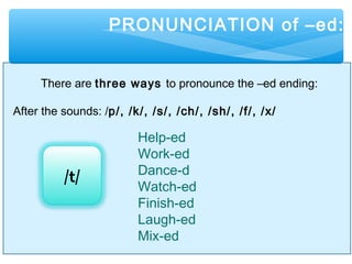PRONUNCIATION of –ed:
There are three ways to pronounce the –ed ending:
/t/
After the sounds: /p/, /k/, /s/, /ch/, /sh/, /f/, /x/
Help-ed
Work-ed
Dance-d
Watch-ed
Finish-ed
Laugh-ed
Mix-ed
 