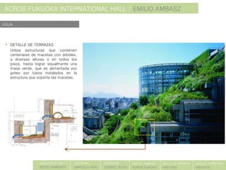 ACROS FUKUOKA INTERNATIONAL HALL / EMILIO AMBASZ
AGUA
ARQUITECTURA Y
MEDIO AMBIENTE
CATEDRA:
MARCELA KRAL
DOCENTE:
GABRIEL BUDA
EMILIO AMBASZ
ACROS FUKOKA
BELLO FLORENCIA
43011055
NOELIA CARBONEL
43010416
DETALLE DE TERRAZAS
Utiliza estructuras que contienen
centenares de macetas con árboles,
a diversas alturas o en todos los
pisos, hasta lograr visualmente una
masa verde, que es alimentada por
goteo por tubos instalados en la
estructura que soporta las macetas.
 
