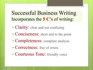 Successful Business Writing
Incorporates the 5 C’s of writing:
 Clarity: clear and not confusing
 Conciseness: short and to the point
 Completeness: complete analysis
 Correctness: free of errors
 Courteous Tone: friendly voice
 