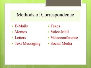 Methods of Correspondence
 E-Mails
 Memos
 Letters
 Text Messaging
 Faxes
 Voice-Mail
 Videoconference
 Social Media
 