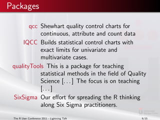 Packages

        qcc Shewhart quality control charts for
            continuous, attribute and count data
     IQCC Build...