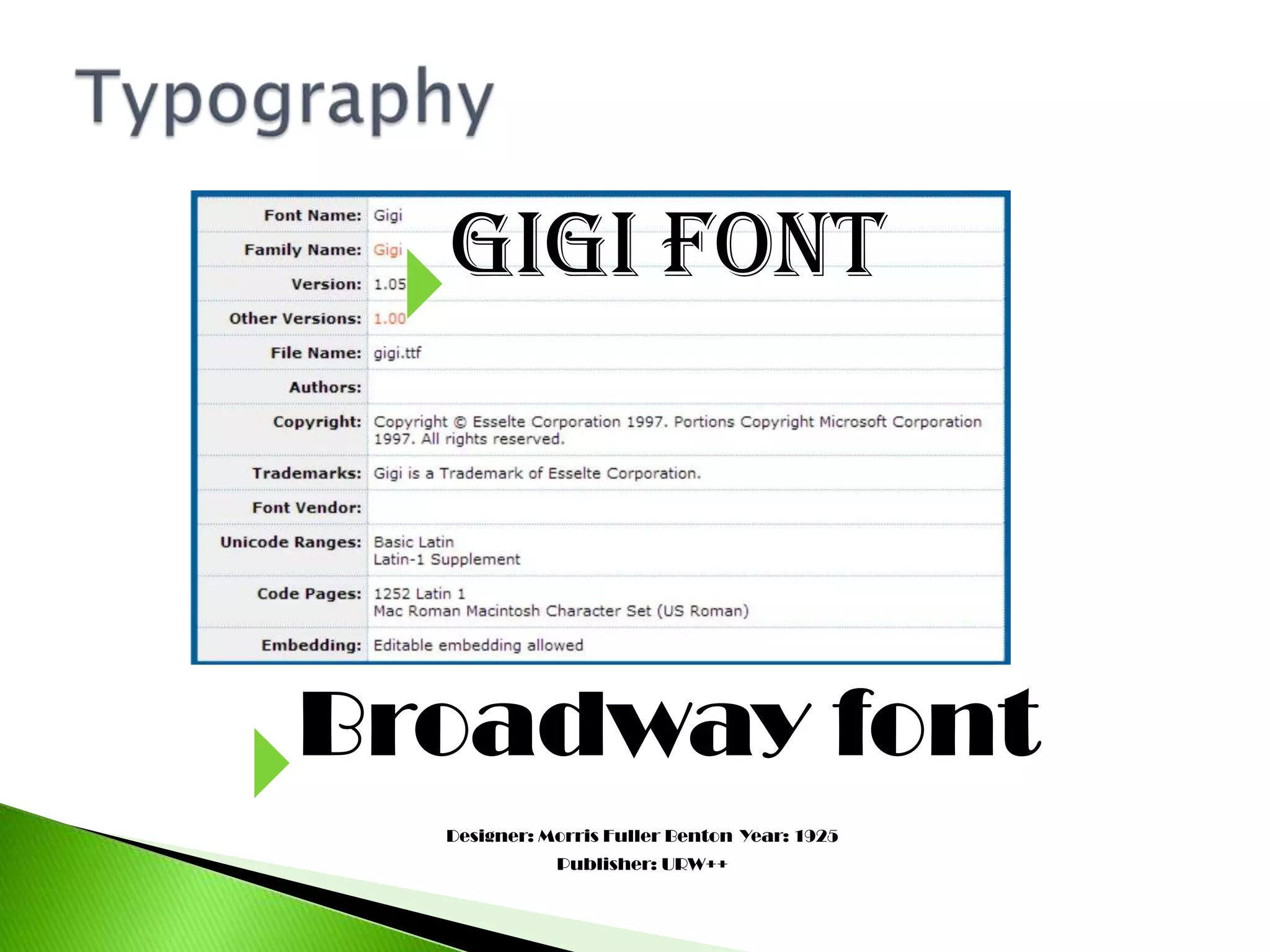 Gigi font
Broadway font
Designer: Morris Fuller Benton Year: 1925
Publisher: URW++