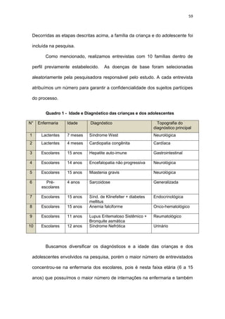 59
Decorridas as etapas descritas acima, a família da criança e do adolescente foi
incluída na pesquisa.
Como mencionado, realizamos entrevistas com 10 famílias dentro de
perfil previamente estabelecido. As doenças de base foram selecionadas
aleatoriamente pela pesquisadora responsável pelo estudo. A cada entrevista
atribuímos um número para garantir a confidencialidade dos sujeitos partícipes
do processo.
Quadro 1 - Idade e Diagnóstico das crianças e dos adolescentes
N° Enfermaria Idade Diagnóstico Topografia do
diagnóstico principal
1 Lactentes 7 meses Síndrome West Neurológica
2 Lactentes 4 meses Cardiopatia congênita Cardíaca
3 Escolares 15 anos Hepatite auto-imune Gastrointestinal
4 Escolares 14 anos Encefalopatia não progressiva Neurológica
5 Escolares 15 anos Miastenia gravis Neurológica
6 Pré-
escolares
4 anos Sarcoidose Generalizada
7 Escolares 15 anos Sínd. de Klinefelter + diabetes
mellitus
Endocrinológica
8 Escolares 15 anos Anemia falciforme Onco-hematológico
9 Escolares 11 anos Lupus Eritematoso Sistêmico +
Bronquite asmática
Reumatológico
10 Escolares 12 anos Síndrome Nefrótica Urinário
Buscamos diversificar os diagnósticos e a idade das crianças e dos
adolescentes envolvidos na pesquisa, porém o maior número de entrevistados
concentrou-se na enfermaria dos escolares, pois é nesta faixa etária (6 a 15
anos) que possuímos o maior número de internações na enfermaria e também
 