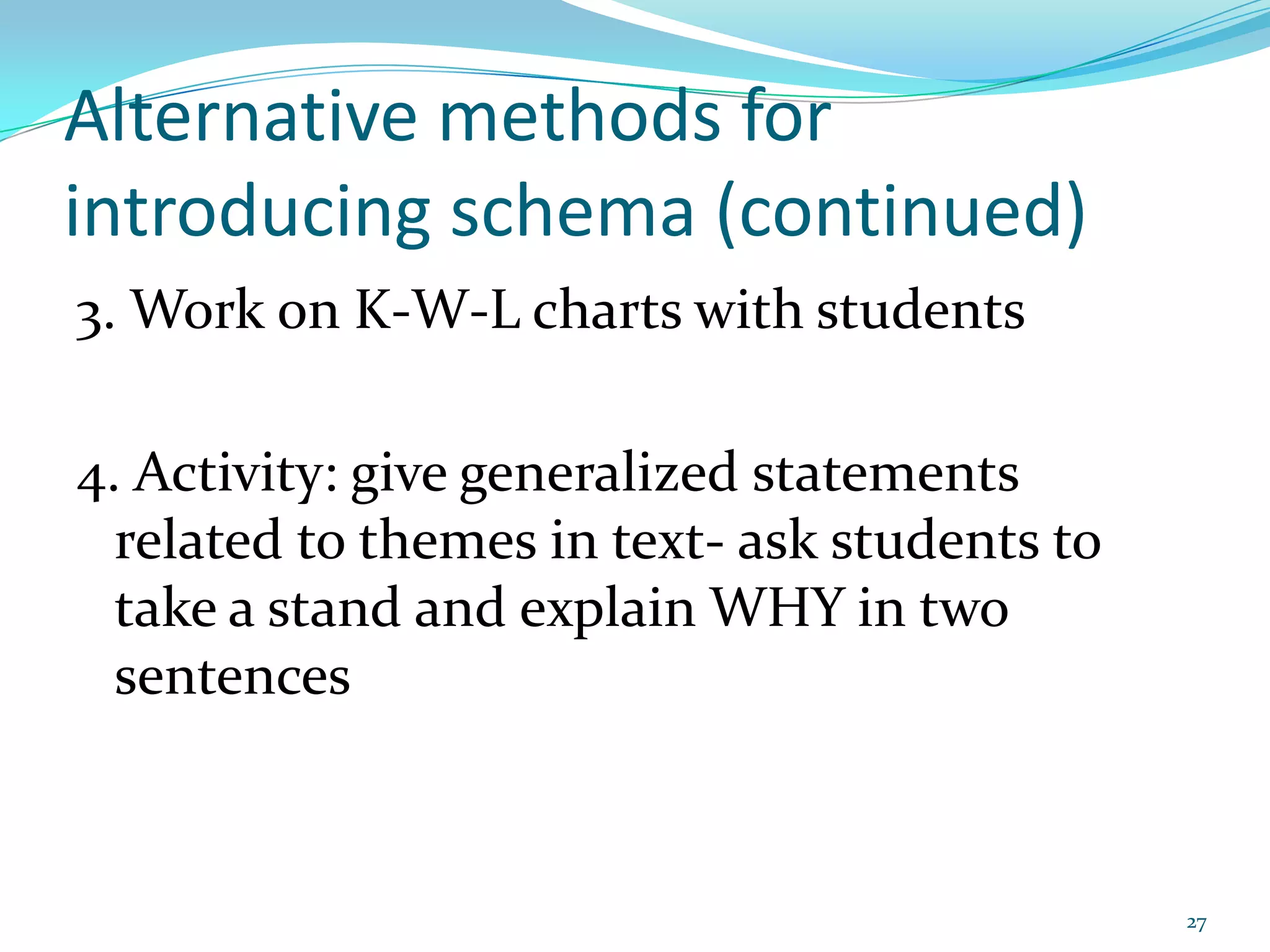 Why do good readers make schema connections as they read?Increases their interest level in the textHelps them to relate to charactersIncreases “reading stamina” Helps them remember what they readShows them that they DO have a base knowledge/core group of experiences that they can draw fromForces them to ask questionsLearn to listen to others21