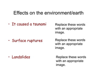Effects on the environment/earth It caused a tsunami  Surface ruptures Landslides   Replace these words with an appropriate image. Replace these words with an appropriate image. Replace these words with an appropriate image. 