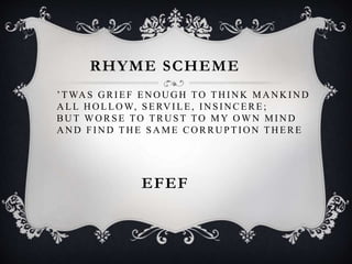 ’ TWA S G RI EF EN O U G H TO TH I N K MA N K I N D
A LL H O LLO W, SERV I LE, I N SI N CERE;
BU T W O RSE TO TRU ST TO MY O W N MI N D
A N D FI N D TH E SA ME CO RRU PTI O N TH ERE
RHYME SCHEME
EFEF
 