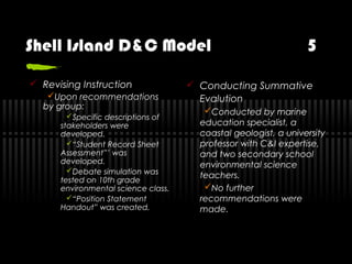 Shell Island D&C Model 5
 Revising Instruction
Upon recommendations
by group:
Specific descriptions of
stakeholders were
developed.
“Student Record Sheet
Assessment”’ was
developed.
Debate simulation was
tested on 10th grade
environmental science class.
“Position Statement
Handout” was created.
 Conducting Summative
Evalution
Conducted by marine
education specialist, a
coastal geologist, a university
professor with C&I expertise,
and two secondary school
environmental science
teachers.
No further
recommendations were
made.
 