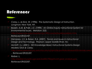 References
 Carey, L. & Dick, W. (1996). The Systematic Design of Instruction.
Longman; New York, NY.
 Bodzin, A.M. & Park, J.C. (1999). An Online Inquiry Instructional System for
Environmental Issues. Meridian: 2(2).
http://www.ncsu.edu/meridian/jul199/coastal/bodzinparkbio.html.
Retrieved 09/25/07.
 Dempsey, J.V. & Reiser, R.A. (2007). Trends and Issues in Instructional
Design and Technology. Pearson; Upper Saddle River, NJ.
 McGriff, S.J. (2001). ISD Knowledge Base/ Instructional Systems Design
Models/ Dick & Carey.
http://www.personal.psu.edu/faculty/s/j/sjm256/portfolio/kbase/IDD/dick&carey.h
. Retrieved 09/25/07.
 Reiber, L.
http://lreiber.myweb.uga.edu/edit6170/ppt/unit-goal_analysis.ppt.
Retrieved 09/25/07.
 