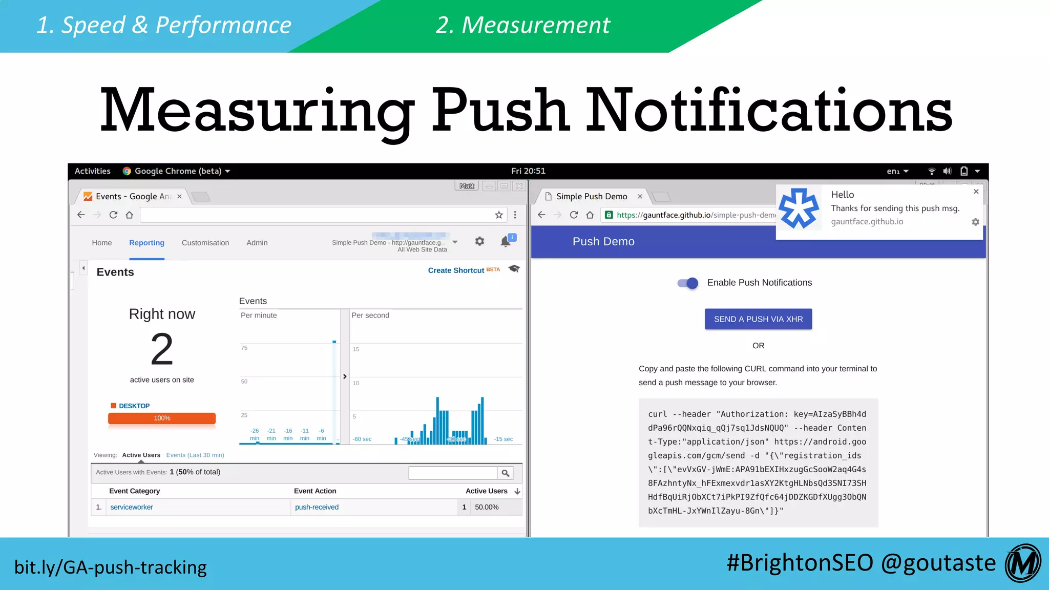 #BrightonSEO	@goutaste	
1.	Speed	&	Performance	 2.	Measurement	
Measuring Push Notifications
bit.ly/GA-push-tracking	
 