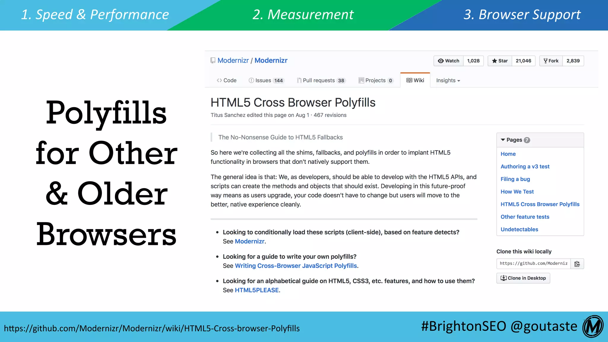 #BrightonSEO	@goutaste	
1.	Speed	&	Performance	 2.	Measurement	 3.	Browser	Support	
Polyfills
for Other
& Older
Browsers
hEps://github.com/Modernizr/Modernizr/wiki/HTML5-Cross-browser-Polyﬁlls	
 