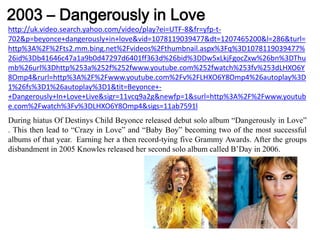 2003 – Dangerously in Lovehttp://uk.video.search.yahoo.com/video/play?ei=UTF-8&fr=yfp-t-702&p=beyonce+dangerously+in+love&vid=1078119039477&dt=1207465200&l=286&turl=http%3A%2F%2Fts2.mm.bing.net%2Fvideos%2Fthumbnail.aspx%3Fq%3D1078119039477%26id%3Db41646c47a1a9b0d47297d6401ff363d%26bid%3DDw5xLkjFgocZxw%26bn%3DThumb%26url%3Dhttp%253a%252f%252fwww.youtube.com%252fwatch%253fv%253dLHXO6Y8Omp4&rurl=http%3A%2F%2Fwww.youtube.com%2Fv%2FLHXO6Y8Omp4%26autoplay%3D1%26fs%3D1%26autoplay%3D1&tit=Beyonce+-+Dangerously+In+Love+Live&sigr=11vcq9a2g&newfp=1&surl=http%3A%2F%2Fwww.youtube.com%2Fwatch%3Fv%3DLHXO6Y8Omp4&sigs=11ab7591lDuring hiatus Of Destinys Child Beyonce released debut solo album “Dangerously in Love” . This then lead to “Crazy in Love” and “Baby Boy” becoming two of the most successful albums of that year.  Earning her a then record-tying five Grammy Awards. After the groups disbandment in 2005 Knowles released her second solo album called B’Day in 2006.