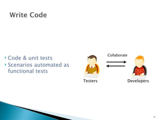 Write Code 
 Code & unit tests 
 Scenarios automated as 
functional tests 
Testers 
Collaborate 
Developers 
22 
 