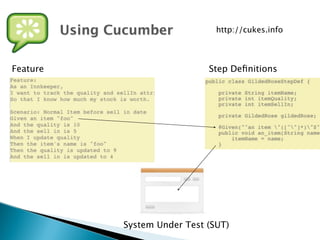 Using Cucumber 
Feature 
http://cukes.info 
Step Definitions 
System Under Test (SUT) 
 