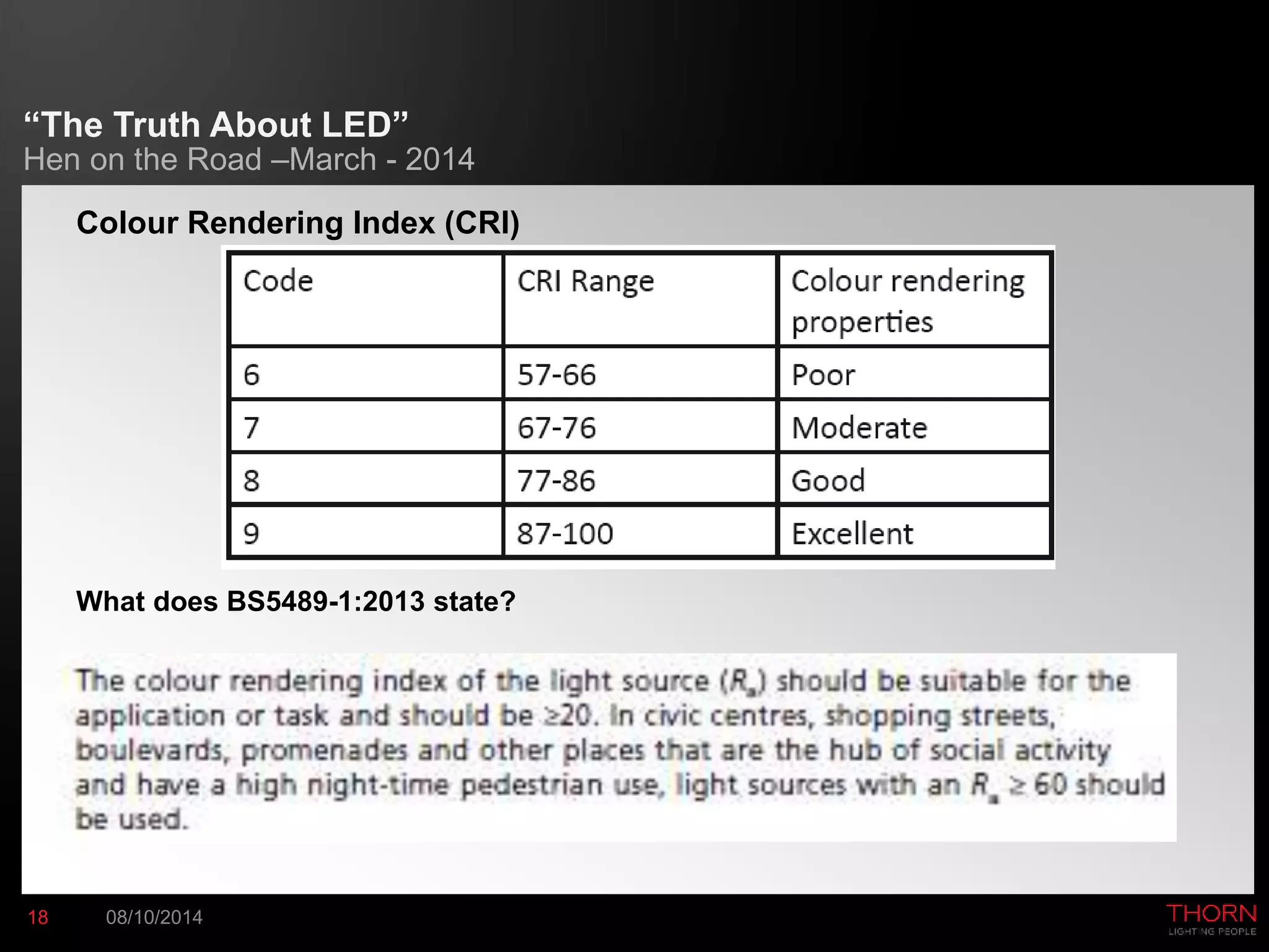 “The Truth About LED” 
Hen on the Road –March - 2014 
Colour Rendering Index (CRI) 
What does BS5489-1:2013 state? 
18 08/10/2014 
 