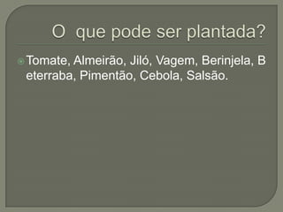  Tomate,Almeirão, Jiló, Vagem, Berinjela, B
 eterraba, Pimentão, Cebola, Salsão.
 