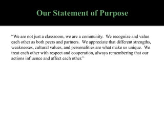 “We are not just a classroom, we are a community. We recognize and value
each other as both peers and partners. We appreciate that different strengths,
weaknesses, cultural values, and personalities are what make us unique. We
treat each other with respect and cooperation, always remembering that our
actions influence and affect each other.”

 