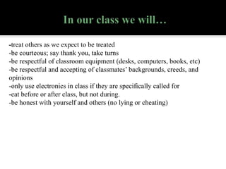 -treat others as we expect to be treated
-be courteous; say thank you, take turns
-be respectful of classroom equipment (desks, computers, books, etc)
-be respectful and accepting of classmates’ backgrounds, creeds, and
opinions
-only use electronics in class if they are specifically called for
-eat before or after class, but not during.
-be honest with yourself and others (no lying or cheating)

 