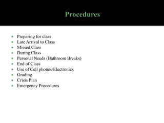 










Preparing for class
Late Arrival to Class
Missed Class
During Class
Personal Needs (Bathroom Breaks)
End of Class
Use of Cell phones/Electronics
Grading
Crisis Plan
Emergency Procedures

 