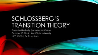 SCHLOSSBERG’S
TRANSITION THEORY
Presented by Emily (Lamielle) McClaine
October 15, 2014 | Kent State University
HIED 66653 | Dr. Tracy Lara
 