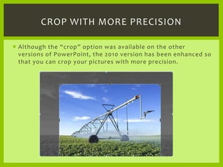 Although the “crop” option was available on the other versions of PowerPoint, the 2010 version has been enhanced so that y...