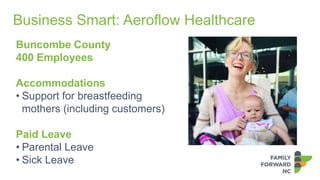 Business Smart: Aeroflow Healthcare
Buncombe County
400 Employees
Accommodations
• Support for breastfeeding
mothers (incl...