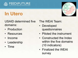 In Utero
USAID determined five
domains:
• Production
• Resources
• Income
• Leadership
• Time
The WEAI Team:
• Developed
questionnaires
• Piloted the instrument
• Constructed the Index
within the five domains
(10 indicators)
• Finalized the WEAI
survey
 