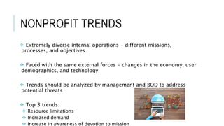 NONPROFIT TRENDS
 Extremely diverse internal operations - different missions,
processes, and objectives
 Faced with the same external forces - changes in the economy, user
demographics, and technology
 Trends should be analyzed by management and BOD to address
potential threats
 Top 3 trends:
 Resource limitations
 Increased demand
 Increase in awareness of devotion to mission
 