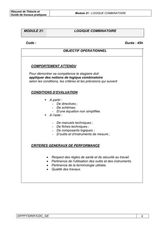 Résumé de Théorie et
Guide de travaux pratiques
Module 21 : LOGIQUE COMBINATOIRE
OFPPT/DRIF/CDC_GE 4
MODULE 21: LOGIQUE COMBINATOIRE
Code : Durée : 45h
OBJECTIF OPERATIONNEL
COMPORTEMENT ATTENDU
Pour démontrer sa compétence le stagiaire doit
appliquer des notions de logique combinatoire
selon les conditions, les critères et les précisions qui suivent
CONDITIONS D’EVALUATION
A partir :
- De directives ;
- De schémas;
- D’une équation non simplifiée.
A l’aide :
- De manuels techniques ;
- De fiches techniques ;
- De composants logiques ;
- D’outils et d’instruments de mesure ;
CRITERES GENERAUX DE PERFORMANCE
• Respect des règles de santé et de sécurité au travail.
• Pertinence de l’utilisation des outils et des instruments.
• Pertinence de la terminologie utilisée.
• Qualité des travaux.
 