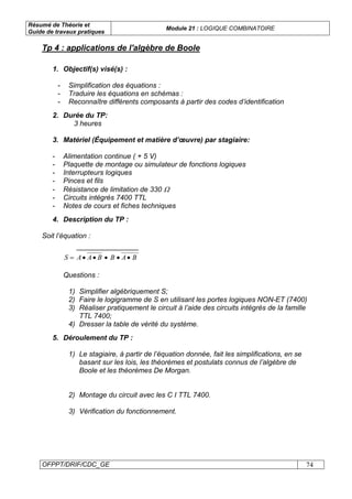 Résumé de Théorie et
Guide de travaux pratiques
Module 21 : LOGIQUE COMBINATOIRE
OFPPT/DRIF/CDC_GE 74
1. Objectif(s) visé(s) :
- Simplification des équations :
- Traduire les équations en schémas :
- Reconnaître différents composants à partir des codes d’identification
2. Durée du TP:
3 heures
3. Matériel (Équipement et matière d’œuvre) par stagiaire:
- Alimentation continue ( + 5 V)
- Plaquette de montage ou simulateur de fonctions logiques
- Interrupteurs logiques
- Pinces et fils
- Résistance de limitation de 330 Ω
- Circuits intégrés 7400 TTL
- Notes de cours et fiches techniques
4. Description du TP :
Soit l’équation :
BABBAAS •••••=
Questions :
1) Simplifier algébriquement S;
2) Faire le logigramme de S en utilisant les portes logiques NON-ET (7400)
3) Réaliser pratiquement le circuit à l’aide des circuits intégrés de la famille
TTL 7400;
4) Dresser la table de vérité du système.
5. Déroulement du TP :
1) Le stagiaire, à partir de l’équation donnée, fait les simplifications, en se
basant sur les lois, les théorèmes et postulats connus de l’algèbre de
Boole et les théorèmes De Morgan.
2) Montage du circuit avec les C I TTL 7400.
3) Vérification du fonctionnement.
Tp 4 : applications de l'algèbre de Boole
 