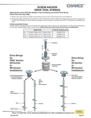®
December 2014
Phone: 573-682-5521 Email: hpsliterature@hubbell.com Web: hubbellpowersystems.com
Page 4A-5
SCREW ANCHOR
DRIVE TOOL STRINGS
Selecting the correct Kelly Bar Adapter is key to building a successful Drive String.
Follow these two easy steps:
1)  Remove the auger from the digger and carefully measure the X and Y dimensions of the Kelly bar.
2)  Match the shape of the Kelly bar and the X and Y dimensions with the Kelly bar adapter chart provided on page 4A-4
or 4A-6. The Y dimension on the Kelly bar adapter must be equal to or greater than the “Y” dimension on the Kelly bar
itself.
A Note about Bolt Circles
Chance anchor installing tools are provided with appropriate bolt circles for the expected service. The torque limitations
for the three standard bolt circles are give below. Never exceed the rated torque of any Chance installing tool.
Bolt Circle
(6)
  1
/2" Grade 5 bolts on 5
1
/4" Bolt Circle
(6)
  5
/8" Grade 2 bolts on 7
5
/8" Bolt Circle
(12)
5
/8" Grade 2 bolts on 7
5
/8" Bolt Circle
Use for Torque up to
10,000 ft.-lb.
15,000 ft.-lb.
20,000 ft.-lb.
Torque Indicator
(optional)
Y
Kelly Bar
Adapter
X
Y
X
Kelly Bar
Drive Strings
for
PISA
®
Anchor,
SS Anchor
or
RR Anchor
Installations:
Locking Dog Assembly
(can bolt directly to
Kelly Bar Adapter)
PISA
®
Drive Wrench
Rod
PISA
®
Anchor
SS5,
SS150,
RR
Drive Wrench
Anchor
Drive String
for
SS Anchor
or
RR Anchor
Installations:
Drive Tool
(can bolt directly to
Kelly Bar Adapter)
Anchor
 