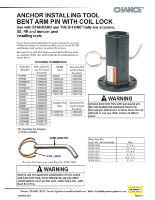 ®
December 2014
Phone: 573-682-5521 Email: hpsliterature@hubbell.com Web: hubbellpowersystems.com
Page 4A-7
 
Size
  3" x
5
/8"
 3
1
/2" x
3
/4"
 4
1
/2" x 1"
  5" x
3
/4"
 4
1
/2" x
1
/2"
  5" x
5
/8"
Bent Arm Pin
and Coil Lock Assembly
C3031226
C3031225
C3031224
C3031227
C3031223
C3031222
ANCHOR INSTALLING TOOL
BENT ARM PIN WITH COIL LOCK
Each Chance plated-steel BentArm pin is designed to attach
a Kelly bar adapter to a Kelly bar.Also used to secure SS, RR
and bumper post anchors to anchor drive tools.
Use with STANDARD and TOUGH ONE
®
Kelly bar adapters,
SS, RR and bumper post
installing tools
ORDERING INFORMATION
Bent Arm Pins with Coil Locks are included with new tools
as required. Order Pins and Coil Locks for existing tools as
shown below.
BENT ARM PIN
COIL LOCK
To order Coil Lock only, order Part No. P3031215P.
*Old-style Kelly Bar Adapters,
  no longer available.
Always use the approved combination of Coil Locks
and Bent Arm Pins. Never attempt to use any other
combinations, such as hair pins, cotter keys, etc., with
Bent Arm Pins.
! WARNING
Chance Bent Arm Pins with Coil Locks are
the only tested and approved means for
through-pin attachment of drive tools. Do not
attempt to use any other means of attach-
ment.
! WARNING
SS/RR
Tools
639001
C3030195
C3030201
C3030202
C3030020
T3031403
C3031077
Bent Arm Pin
and Coil Lock
Assembly
C3031226
C3031225
C3031224
C3031224
C3031226
C3031225
C3031224
Bumper Post
Tools
C3030737
C3030739
Bent Arm Pin
and Coil Lock
Assembly
C3031227
C3031227
Bent Arm Pin
and Coil Lock
Assembly
C3031227
C3031223
C3031223
C3031223
C3031223
C3031223
C3031223
C3031222
C3031222
C3031227
C3031227
C3031223
C3031223
C3031222
C3031227
C3031227
C3031227
Kelly Bar
Adapter
*630010
*630011
 630011HD
*630012
 630012HD
 630013
630013A
630014
630015
 630016
 630017
 C3030936
 C3030937
 C3030940
 C3030955
 C3030958
 C3031571
 