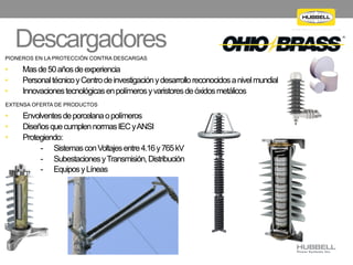 h u b b e l l p o w e r s y s t e m s . c o m
Descargadores
• Masde50añosdeexperiencia
• PersonaltécnicoyCentrodeinvestigaciónydesarrolloreconocidosanivelmundial
• Innovacionestecnológicasenpolímerosyvaristoresdeóxidosmetálicos
PIONEROS EN LA PROTECCIÓN CONTRA DESCARGAS
• Envolventesdeporcelanaopolímeros
• DiseñosquecumplennormasIECyANSI
• Protegiendo:
-  SistemasconVoltajesentre4.16y765kV
-  SubestacionesyTransmisión,Distribución
-  EquiposyLíneas
EXTENSA OFERTA DE PRODUCTOS
 