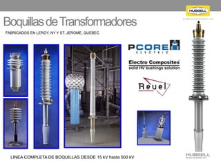 h u b b e l l p o w e r s y s t e m s . c o m
BoquillasdeTransformadores
FABRICADOS EN LEROY, NY Y ST. JEROME, QUEBEC
LINEA COMPLETA DE BOQUILLAS DESDE 15 kV hasta 500 kV
 