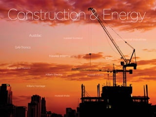 h u b b e l l p o w e r s y s t e m s . c o m
Construction & Energy
Austdac
Burndy
Hubbell India
GAI-Tronics
Hubbell Scotland
Hubbell de Mexico
Hubbell Canada
Killark/Vantage
Hawke International
Continental Industries
Killark Electric
CMC
 