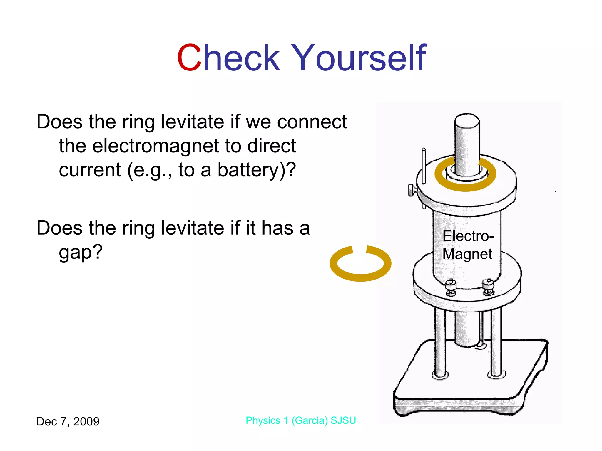 C heck Yourself Does the ring levitate if we connect the electromagnet to direct current (e.g., to a battery)? Does the ring levitate if it has a gap? Jun 7, 2009 Physics 1 (Garcia) SJSU Electro- Magnet 