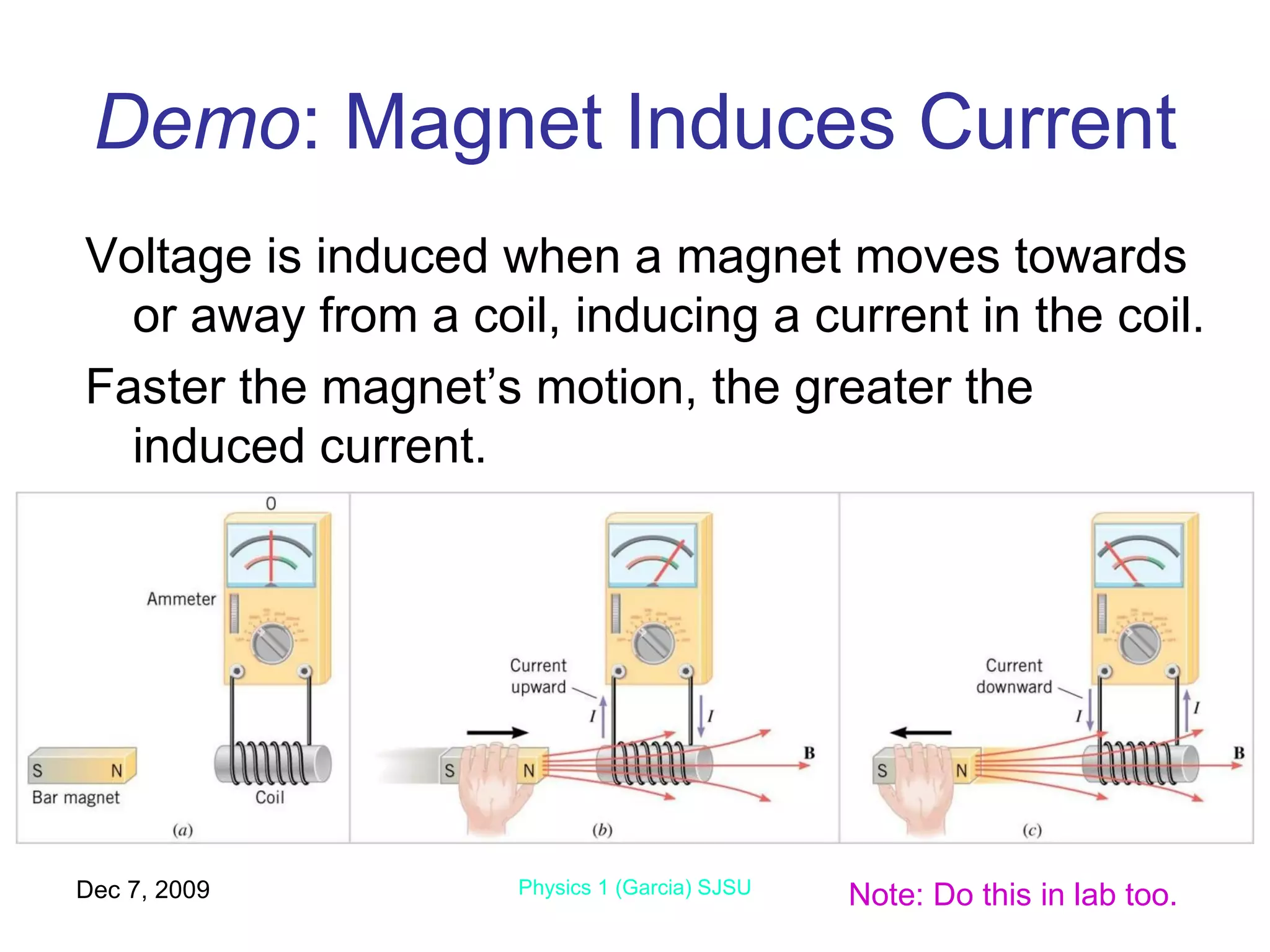 Demo : Magnet Induces Current Voltage is induced when a magnet moves towards or away from a coil, inducing a current in the coil. Faster the magnet’s motion, the greater the induced current.  Jun 7, 2009 Physics 1 (Garcia) SJSU Note: Do this in lab too. 