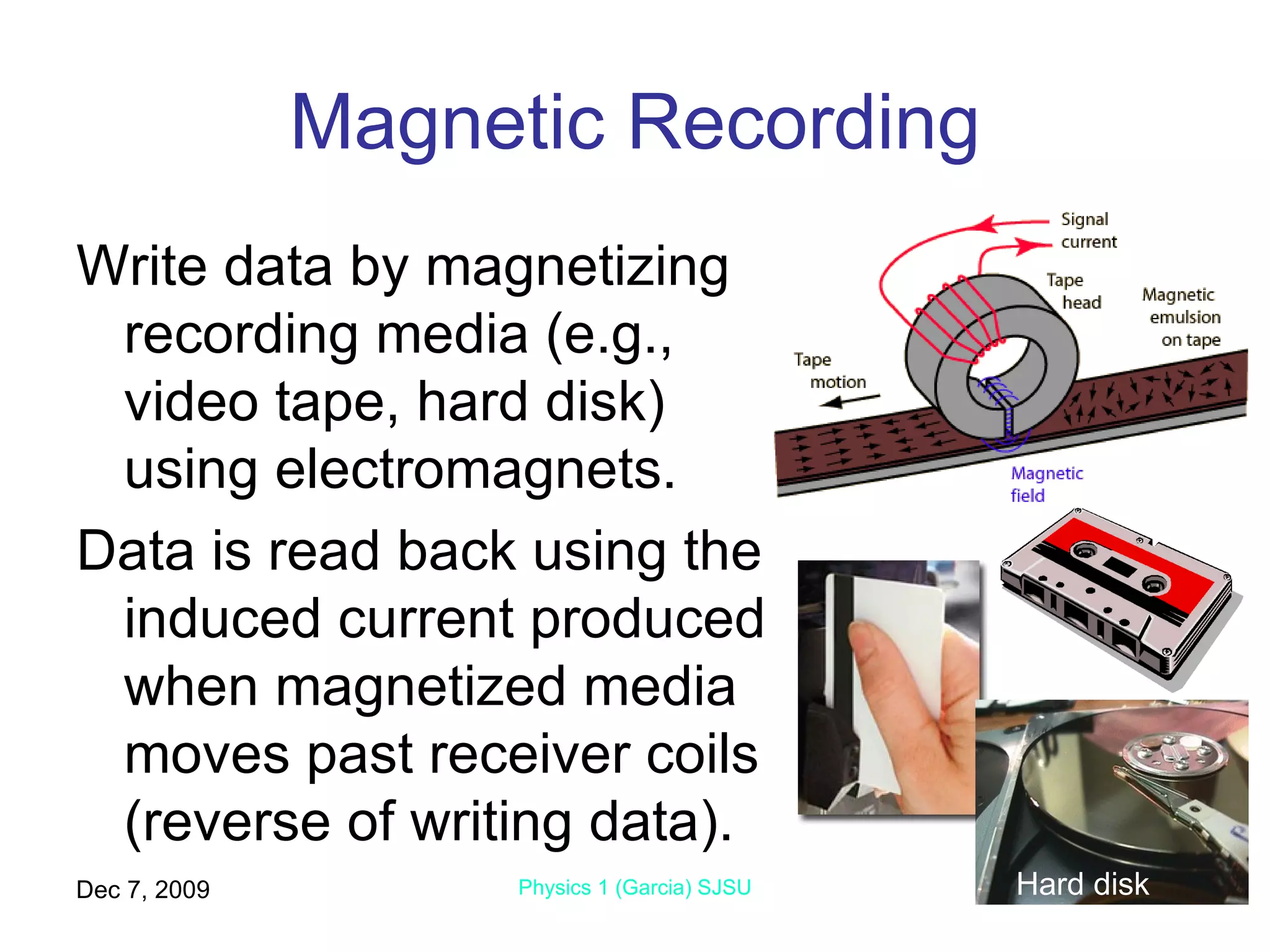 Magnetic Recording Write data by magnetizing recording media (e.g., video tape, hard disk) using electromagnets. Data is read back using the induced current produced when magnetized media moves past receiver coils (reverse of writing data). Jun 7, 2009 Physics 1 (Garcia) SJSU Hard disk 
