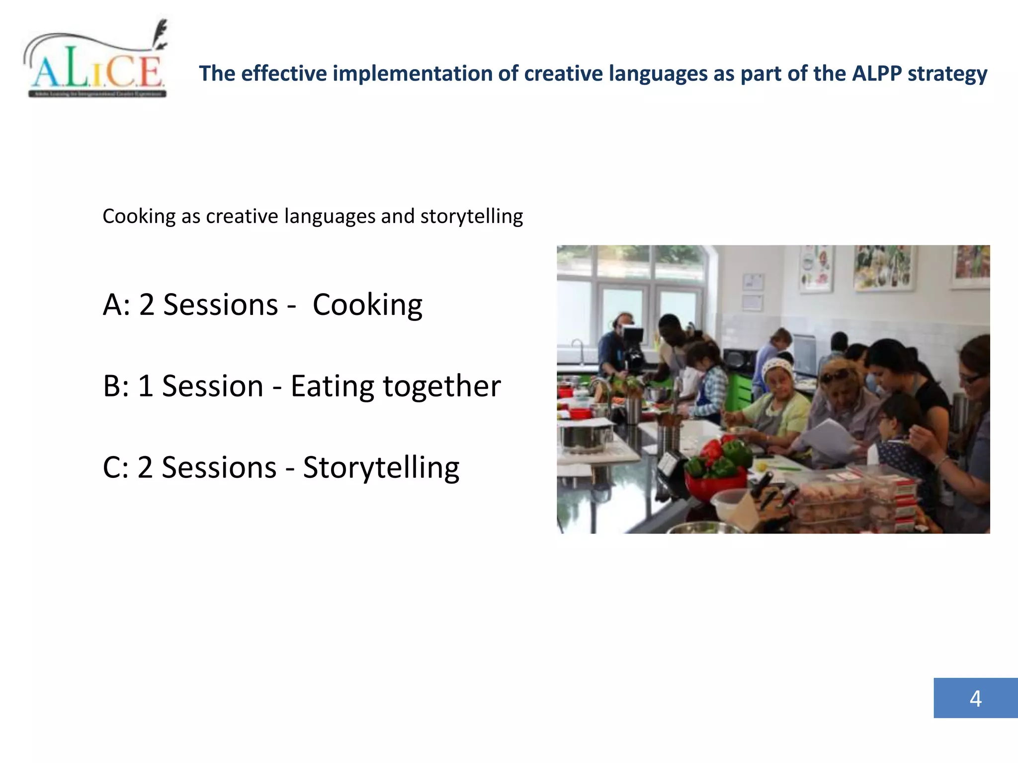 The effective implementation of creative languages as part of the ALPP strategy

Cooking as creative languages and storytelling

A: 2 Sessions - Cooking
B: 1 Session - Eating together
C: 2 Sessions - Storytelling

4

 