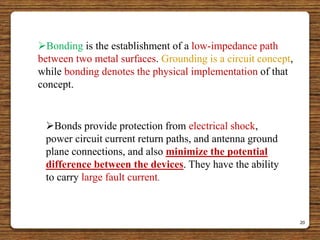 20
Bonding is the establishment of a low-impedance path
between two metal surfaces. Grounding is a circuit concept,
while bonding denotes the physical implementation of that
concept.
Bonds provide protection from electrical shock,
power circuit current return paths, and antenna ground
plane connections, and also minimize the potential
difference between the devices. They have the ability
to carry large fault current.
 