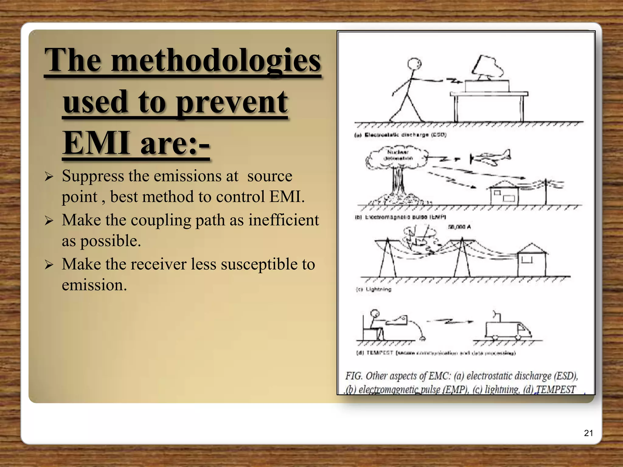 The methodologies
used to prevent
EMI are:-
 Suppress the emissions at source
point , best method to control EMI.
 Make the coupling path as inefficient
as possible.
 Make the receiver less susceptible to
emission.
21
 
