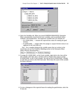 Example Process Flow Diagram   4   Task 14. Viewing the Expected Losses in the Score Data Set   101




4 Select the Variables tab. When you scored SAMPSIO.DMAGESCR, Enterprise
  Miner automatically created several score variables, such as predicted values,
  residuals, and classiﬁcations. Two important variables that you will plot are
     3 EL_GOOD_BAD_ — contains the expected loss values for making the good
       decision.
     3 D_GOOD_BAD_ — assigns either the accept or reject decision status to an
       applicant in the score data set.
     Note: For a complete listing of the variable names that are written to the
  scored data sets see the Predictive Modeling section in the Enterprise Miner
  online reference documentation. 4
   Help   I     EM Reference   I     Predictive Modeling

5 To assign EL_GOOD_BAD_ as the X-axis variable, right-click in the Axis cell for
  this variable, select Set Axis, and then select X. Repeat these steps to assign
  D_GOOD_BAD_ as the Y-axis variable. You will use the D_GOOD_BAD_ variable
  in code that you write in the SAS Code node. Write down the name of this variable
  for future reference.




6 To view a histogram of the expected losses for making the good decision, select the
  X Axis tab.
 
