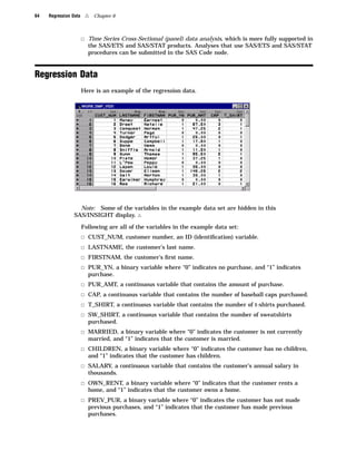 64   Regression Data    4   Chapter 6



                       3 Time Series Cross-Sectional (panel) data analysis, which is more fully supported in
                         the SAS/ETS and SAS/STAT products. Analyses that use SAS/ETS and SAS/STAT
                         procedures can be submitted in the SAS Code node.


Regression Data
                       Here is an example of the regression data.




                   Note: Some of the variables in the example data set are hidden in this
                 SAS/INSIGHT display. 4

                       Following are all of the variables in the example data set:
                       3 CUST_NUM, customer number, an ID (identiﬁcation) variable.
                       3 LASTNAME, the customer’s last name.
                       3 FIRSTNAM, the customer’s ﬁrst name.
                       3 PUR_YN, a binary variable where “0” indicates no purchase, and “1” indicates
                         purchase.
                       3 PUR_AMT, a continuous variable that contains the amount of purchase.
                       3 CAP, a continuous variable that contains the number of baseball caps purchased.
                       3 T_SHIRT, a continuous variable that contains the number of t-shirts purchased.
                       3 SW_SHIRT, a continuous variable that contains the number of sweatshirts
                         purchased.
                       3 MARRIED, a binary variable where “0” indicates the customer is not currently
                         married, and “1” indicates that the customer is married.
                       3 CHILDREN, a binary variable where “0” indicates the customer has no children,
                         and “1” indicates that the customer has children.
                       3 SALARY, a continuous variable that contains the customer’s annual salary in
                         thousands.
                       3 OWN_RENT, a binary variable where “0” indicates that the customer rents a
                         home, and “1” indicates that the customer owns a home.
                       3 PREV_PUR, a binary variable where “0” indicates the customer has not made
                         previous purchases, and “1” indicates that the customer has made previous
                         purchases.
 