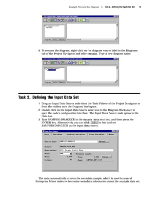 Example Process Flow Diagram   4   Task 2. Deﬁning the Input Data Set   73




           6 To rename the diagram, right-click on the diagram icon or label in the Diagrams
             tab of the Project Navigator and select Rename. Type a new diagram name.




Task 2. Deﬁning the Input Data Set
           1 Drag an Input Data Source node from the Tools Palette of the Project Navigator or
             from the toolbox onto the Diagram Workspace.
           2 Double-click on the Input Data Source node icon in the Diagram Workspace to
             open the node’s conﬁguration interface. The Input Data Source node opens to the
             Data tab.
           3 Type SAMPSIO.DMAGECR in the Source Data text box, and then press the
             ENTER key. Alternatively, you can click Select to ﬁnd and set
             SAMPSIO.DMAGECR as the input data source.




           The node automatically creates the metadata sample, which is used in several
         Enterprise Miner nodes to determine metadata information about the analysis data set.
 