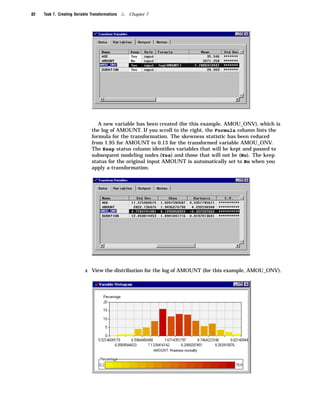 82   Task 7. Creating Variable Transformations   4   Chapter 7




                                  A new variable has been created (for this example, AMOU_ONV), which is
                               the log of AMOUNT. If you scroll to the right, the Formula column lists the
                               formula for the transformation. The skewness statistic has been reduced
                               from 1.95 for AMOUNT to 0.13 for the transformed variable AMOU_ONV.
                               The Keep status column identiﬁes variables that will be kept and passed to
                               subsequent modeling nodes (Yes) and those that will not be (No). The keep
                               status for the original input AMOUNT is automatically set to No when you
                               apply a transformation.




                            c View the distribution for the log of AMOUNT (for this example, AMOU_ONV).
 