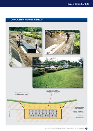 Retrofit of an existing concrete channel into a sustainable infiltration swale.
CONCRETE CHANNEL RETROFIT
Compacted Washed
Clean River Sand
Atlantis® Tank Module
(Matrix® / D-Raintank®)
Geotextile
Excavation Line
450mm[17.72"]
The width of the swale
depending on the flow rate
and infiltration calculationMacrophytes or native grass
to be planted over swale
ATLANTIS ENVIRONMENTAL DESIGNS & SOLUTIONS
Green Cities For Life
19
 