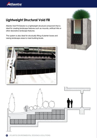 Atlantis Void Fill Solution is a lightweight structural component that is
ideal for creating landscape features such as mounds, artificial hills or
other decorative landscape features.
The system is also ideal for structually filling of planter boxes and
raising landscape areas to meet building levels.
Lightweight Structural Void Fill
ATLANTIS ENVIRONMENTAL DESIGNS & SOLUTIONS6
 