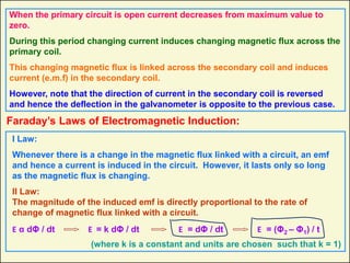 When the primary circuit is open current decreases from maximum value to
zero.
During this period changing current induces changing magnetic flux across the
primary coil.
This changing magnetic flux is linked across the secondary coil and induces
current (e.m.f) in the secondary coil.
However, note that the direction of current in the secondary coil is reversed
and hence the deflection in the galvanometer is opposite to the previous case.
Faraday’s Laws of Electromagnetic Induction:
I Law:
Whenever there is a change in the magnetic flux linked with a circuit, an emf
and hence a current is induced in the circuit. However, it lasts only so long
as the magnetic flux is changing.
II Law:
The magnitude of the induced emf is directly proportional to the rate of
change of magnetic flux linked with a circuit.
E α dΦ / dt E = k dΦ / dt
(where k is a constant and units are chosen such that k = 1)
E = dΦ / dt E = (Φ2 – Φ1) / t
 