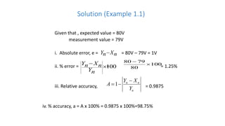 Solution (Example 1.1)
Given that , expected value = 80V
measurement value = 79V
i. Absolute error, e = = 80V – 79V = 1V
ii. % error = = = 1.25%
iii. Relative accuracy, = 0.9875
iv. % accuracy, a = A x 100% = 0.9875 x 100%=98.75%
n
X
n
Y 
100
80
79
80


100


n
Y
n
X
n
Y
n
n
n
Y
X
Y
A


1
 