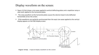 Display waveform on the screen:
 Figure 14-5(a) shows a sine wave applied to vertical deflecting plates and a repetitive ramp or
saw-tooth applied to the horizontal plates.
 The ramp waveform at the horizontal plates causes the electron beam to be deflected
horizontally across the screen.
 If the waveforms are perfectly synchronized then the exact sine wave applied to the vertical
display appears on the CRO display screen.
 